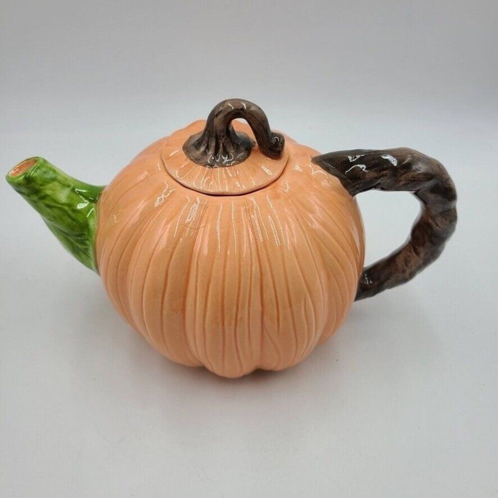 Halloween Autumn Pumpkin Teapot Orange Lid Green Spout 5" Tall